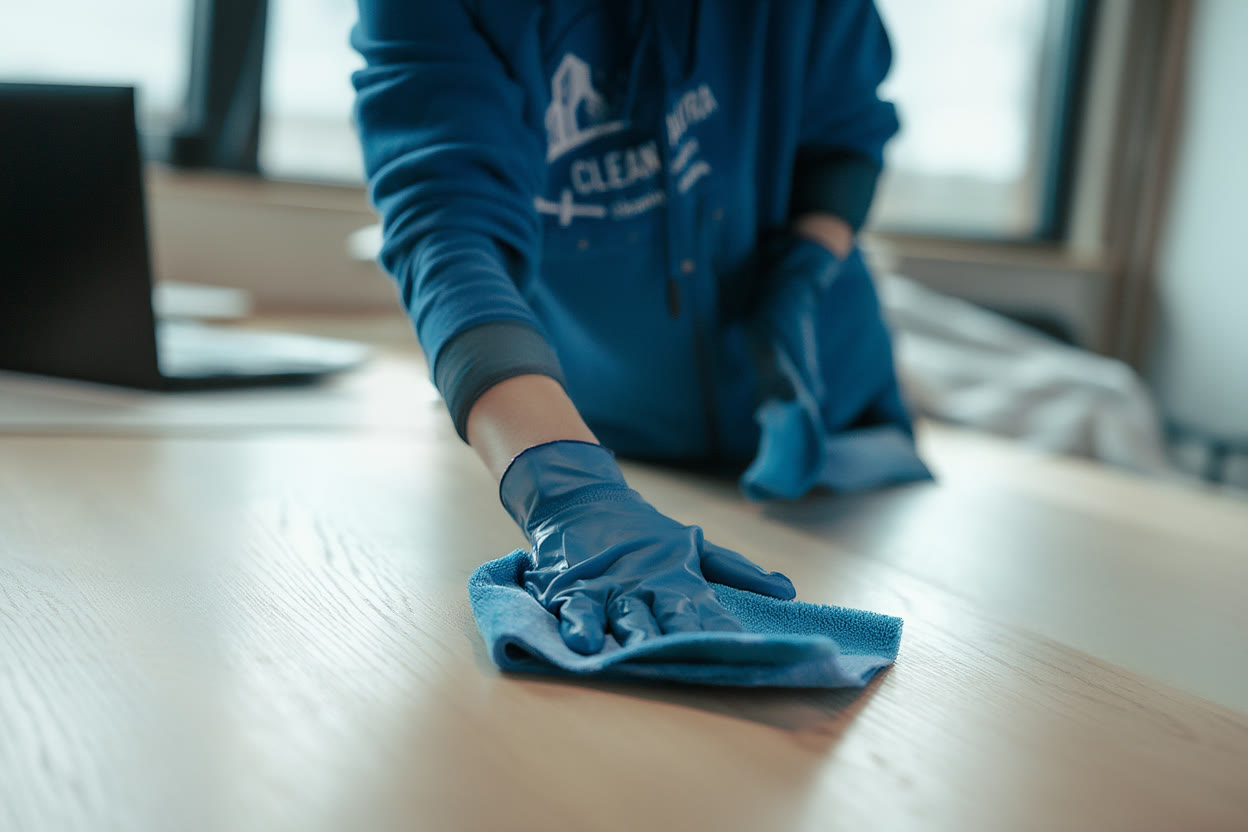 Clean Aura medewerker stoft een bureau af in een kantoor