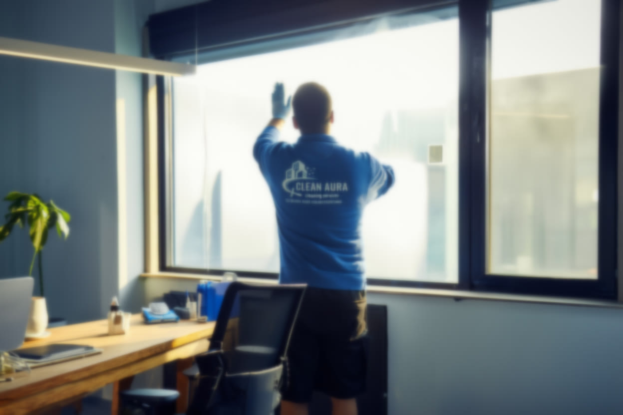 Clean Aura medewerker wast een kantoorraam van binnenuit